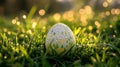Decorated Easter egg rests in dewy morning grass Royalty Free Stock Photo