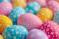 Decorated Easter eggs as background. Closeup view. Generated AI Royalty Free Stock Photo