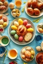 Decorated Easter eggs and bread on a blue tablecloth with cups and plates, symbolizing a festive holiday celebration Royalty Free Stock Photo