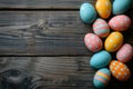 Decorated Easter eggs on dark wooden background, top view. Flat lay composition with empty place for text Royalty Free Stock Photo