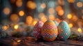 Decorated easter eggs with festive lights - generative ai Royalty Free Stock Photo