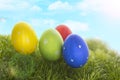 Decorated easter eggs in grass on sky background Royalty Free Stock Photo