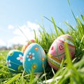 Decorated Easter Eggs in Grass with Sky Royalty Free Stock Photo