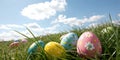 Decorated Easter Eggs in Grass with Sky Royalty Free Stock Photo