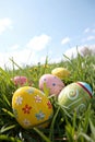 Decorated Easter Eggs in Grass with Sky Royalty Free Stock Photo