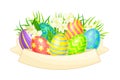 Decorated Easter Eggs or Paschal Eggs Rested in Green Grass with Spring Flowers and Ribbon Vector Arrangement Royalty Free Stock Photo