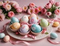 Decorated Easter eggs in pastel tones with floral patterns on a plate, surrounded by tulips and ribbons on a soft pink background Royalty Free Stock Photo