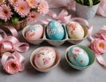 Decorated Easter eggs in pastel tones with floral patterns on a plate, surrounded by tulips and ribbons on a soft pink background Royalty Free Stock Photo