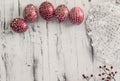 Decorated Easter eggs Pysanka on whitewashed wooden background Royalty Free Stock Photo