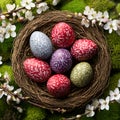 Decorated easter eggs resting in bird\'s nest with spring blossoms Royalty Free Stock Photo