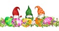 Decorated Easter eggs, scandinavian gnomes in floral seamless border with green grass, spring flowers. Watercolor for