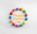 Decorated Easter eggs and space for text on white background Royalty Free Stock Photo