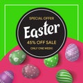 Special offer. Easter sale. 45% off sale. Colorful Easter eggs in 3d realistic style top view.