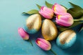 Decorated Easter eggs with a touch of gold glitter, paired with a pink tulip background