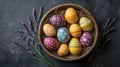 Decorated Easter eggs in a wooden bowl with lavender Royalty Free Stock Photo