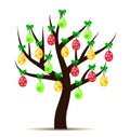 Decorated Easter eggs (yellow, red and green) hanging on tree on white background