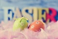 Decorated eggs, feathers and word easter