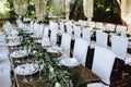 Decorated elegant wooden wedding table for banquet outdoor in garden, in the style of rustic with eucalyptus and flowers, porcelai