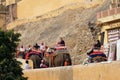 Decorated elephants waiting tourists at Amber Fort in Jaipur