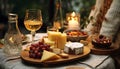 Decorated empty dining table with cheese plate, honey, and glass drink Royalty Free Stock Photo