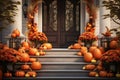 Decorated entrance to the house with pumpkins and flowers Royalty Free Stock Photo