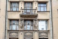 Decorated facade detail of the building. House of merchant Polezhaev