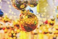 Decorated festival with gold ball. Orange, yellow and white bokeh light at Festival. Abstract or blurred of light glitter. Glow Royalty Free Stock Photo