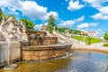 Decorated fountain in baroque Castle Gardens of Cesky Krumlov, Czech Republic