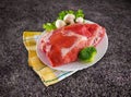 Decorated fresh raw meat - ham with mushrooms and clipping path Royalty Free Stock Photo