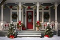 Decorated front porch of a house with christmas decorations and garlands Royalty Free Stock Photo