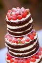 Decorated by fruits colorful naked cake, rustic style for weddings, birthdays and events. Beautiful wedding cake, close up of cake Royalty Free Stock Photo