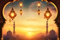 Decorated Gate hanging burning lanterns in the background silhouetted mosque sunset. Banner with space for your own content