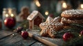 Decorated gingerbread cookies with pine branches and ornaments on rustic Christmas table setting - AI generated Royalty Free Stock Photo