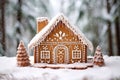 decorated gingerbread house on a snowy landscape