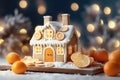 Decorated with gingerbread and a house on top.Christmas cake. Background bokeh effect, candles, tree and ornaments. Generative AI Royalty Free Stock Photo