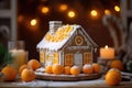 Decorated with gingerbread and a house on top.Christmas cake. Background bokeh effect, candles, tree and ornaments. Generative AI Royalty Free Stock Photo