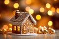 Decorated with gingerbread and a house on top.Christmas cake. Background bokeh effect, candles, tree and ornaments. Generative AI Royalty Free Stock Photo