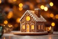 Decorated with gingerbread and a house on top.Christmas cake. Background bokeh effect, candles, tree and ornaments. Generative AI Royalty Free Stock Photo