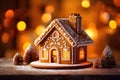 Decorated with gingerbread and a house on top.Christmas cake. Background bokeh effect, candles, tree and ornaments. Generative AI Royalty Free Stock Photo