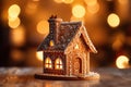 Decorated with gingerbread and a house on top.Christmas cake. Background bokeh effect, candles, tree and ornaments. Generative AI Royalty Free Stock Photo