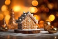 Decorated with gingerbread and a house on top.Christmas cake. Background bokeh effect, candles, tree and ornaments. Generative AI Royalty Free Stock Photo