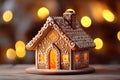 Decorated with gingerbread and a house on top.Christmas cake. Background bokeh effect, candles, tree and ornaments. Generative AI Royalty Free Stock Photo