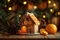 Decorated with gingerbread and a house on top.Christmas cake. Background bokeh effect, candles, tree and ornaments. Generative AI Royalty Free Stock Photo