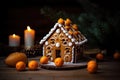 Decorated with gingerbread and a house on top.Christmas cake. Background bokeh effect, candles, tree and ornaments. Generative AI Royalty Free Stock Photo