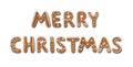 Decorated Gingerbread Inscription Merry Christmas. Christmas cookies on white background.
