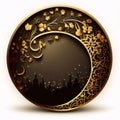 Decorated golden circle in the middle, silhouettes of the mosque tower. Mosque as a place of prayer for Muslims Royalty Free Stock Photo