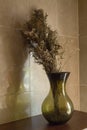 Decorated green vase with dried flowers in corner Royalty Free Stock Photo