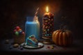 Decorated Halloween cakes on a black background, pumpkins and a lit candle near the cake, Generative AI