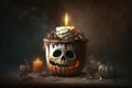 Decorated Halloween cakes on a black background, pumpkins and a lit candle near the cake, Generative AI