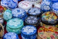 Decorated handmade boxes for sale to tourists at a street market in the center of Kyiv, Ukraine, closeup